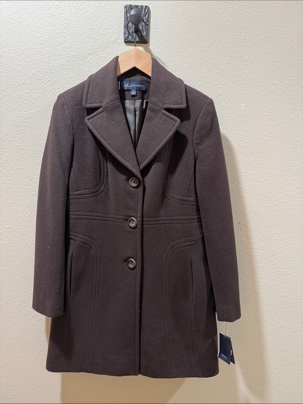 Anne Klein Dark Brown Wool Blend Pea Coat